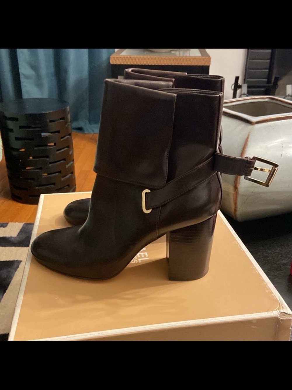 MICHAEL Michael Kors Dark Brown Leather Fold-Over Ankle Boots with Block Heel